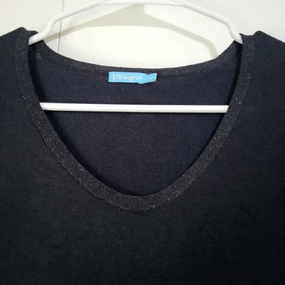 J. McLaughlin Womens SZ L V Neck Sweater Black Cotton Blend Sparkle Neckline - Picture 3 of 7
